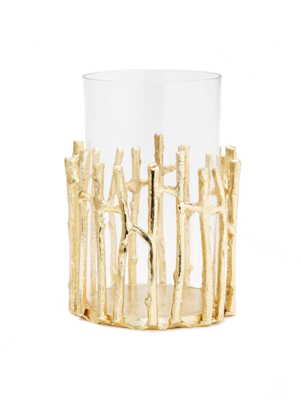 8 inch Glass Hurricane Floral Vase with Gold Brass Twig Design | KYA Home Decor.