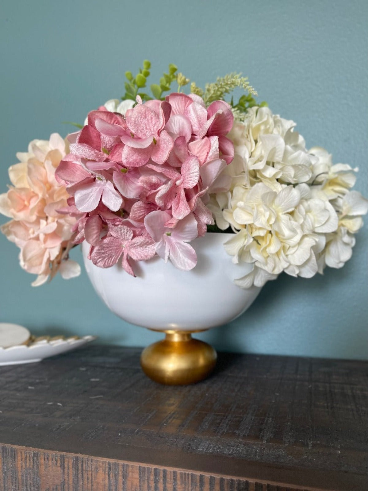 White Glass Footed Bowl on Lustrous Gold Base, 10D x 8H.