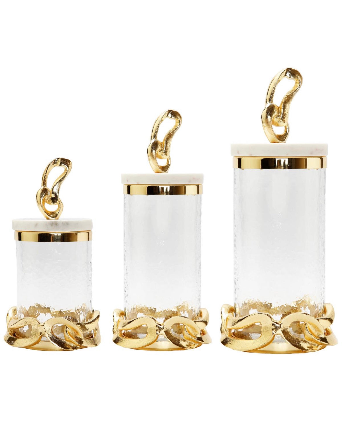 The Catena D’ Oro Glass Canisters has a beautiful gold chain design nestled at the bottom and top with a Marble Lid available in 3 Sizes from KYA Home Decor