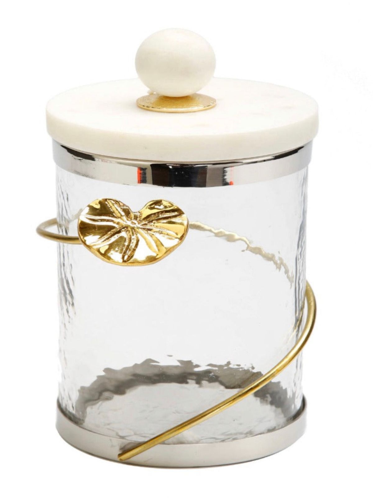 These Glass Canister with Gold Metal Heart Design and Marble Lid are available in 3 sizes and Sold by KYA Home Decor