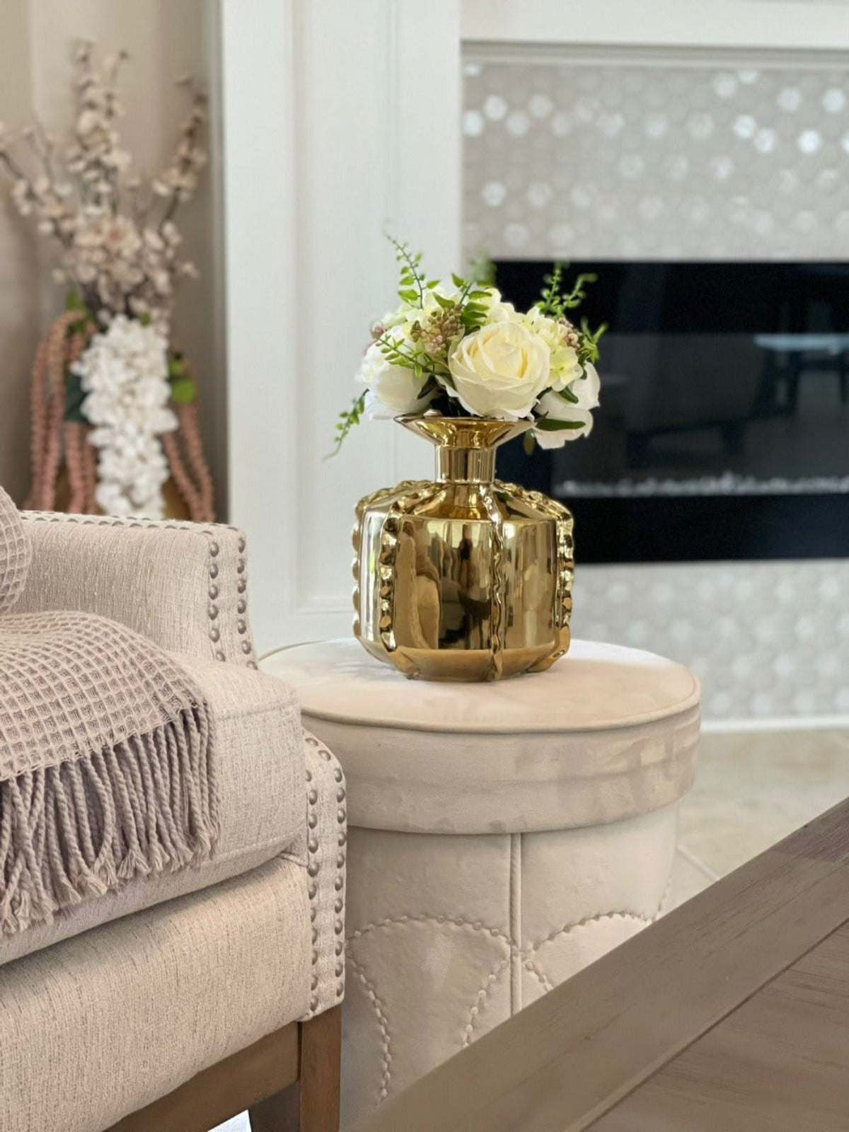 12H Gold Metallic Decorative Vase With Luxury Ruffle Design Staged with flowers