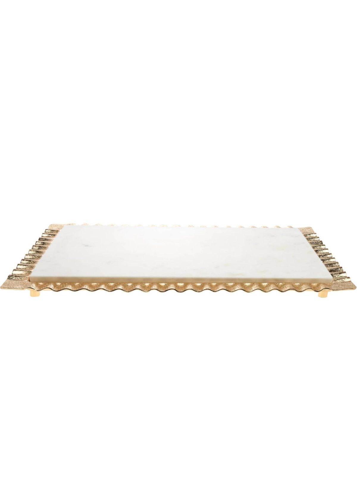 Luxurious Large White Marble Tray with Stainless Steel Gold Ripple Edges.