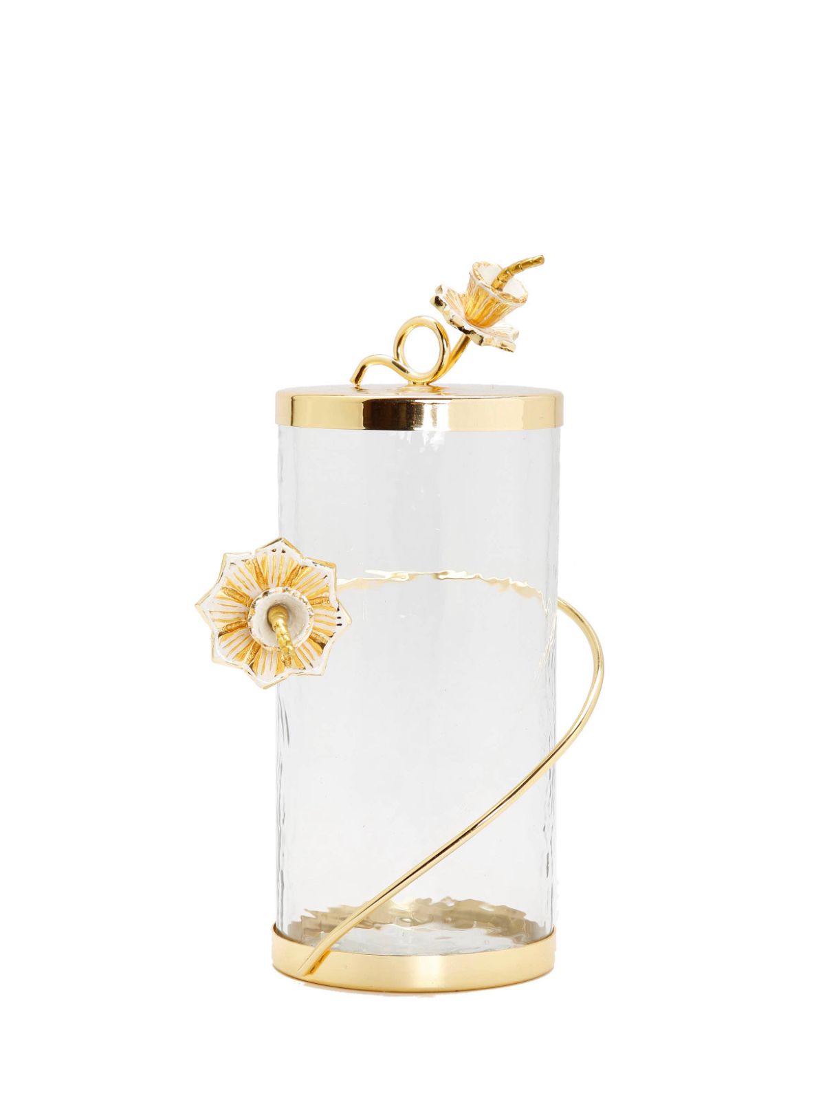 The Rose of Sharon Glass Canister with Gold Lid and Enamel Flower Design on Knob has an elegant and decorous design.