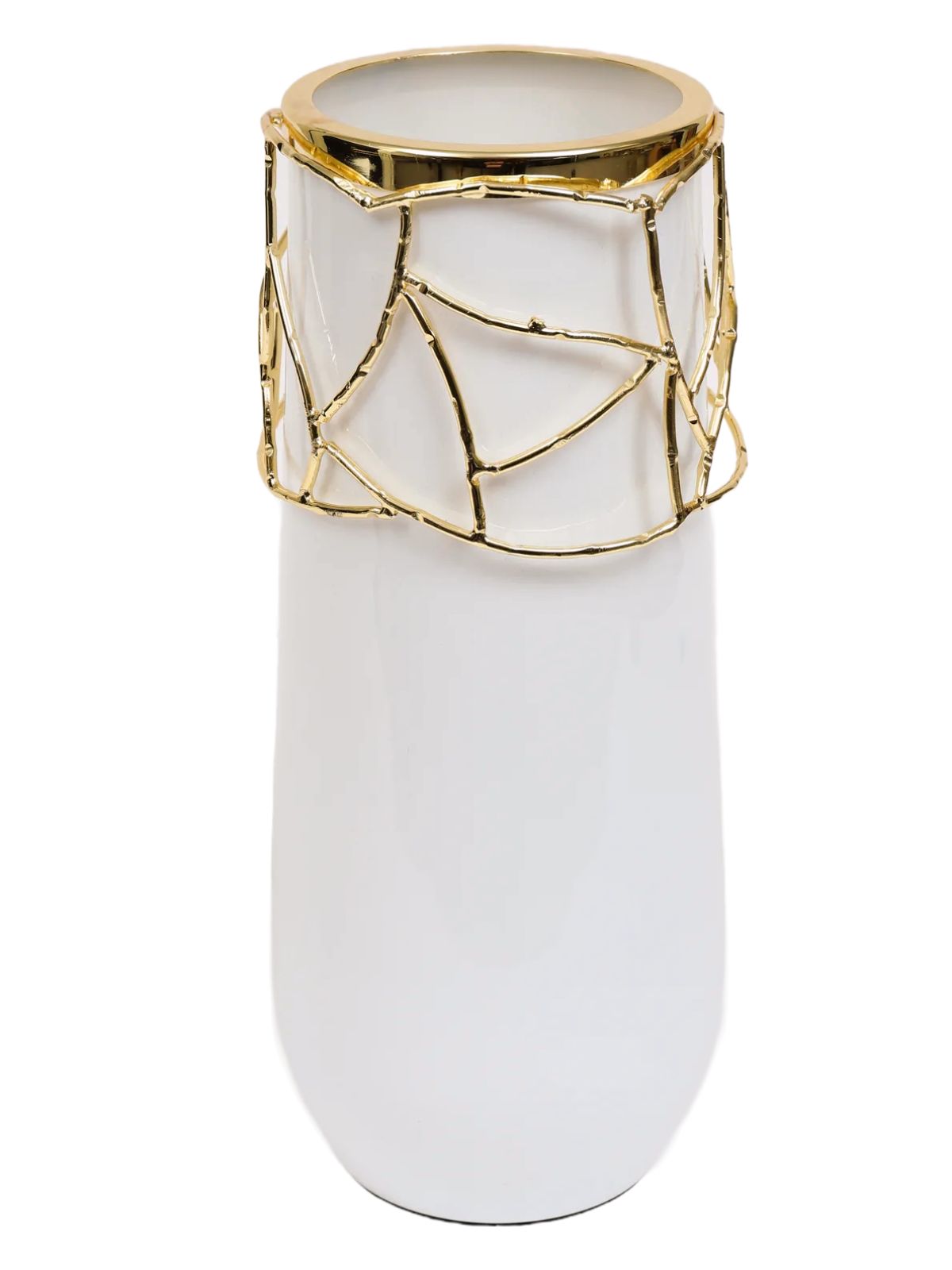 Luxury White Glass Decorative Vase With Gold Metal Mesh Design On Top - KYA Home Decor.