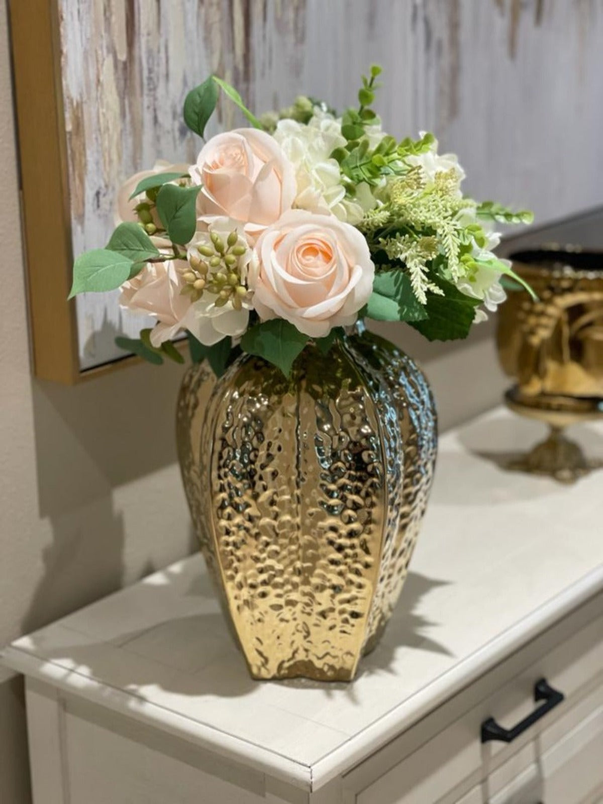 12H Gold Pomegranate Ceramic Vase With White Rim With Faux Flowers.