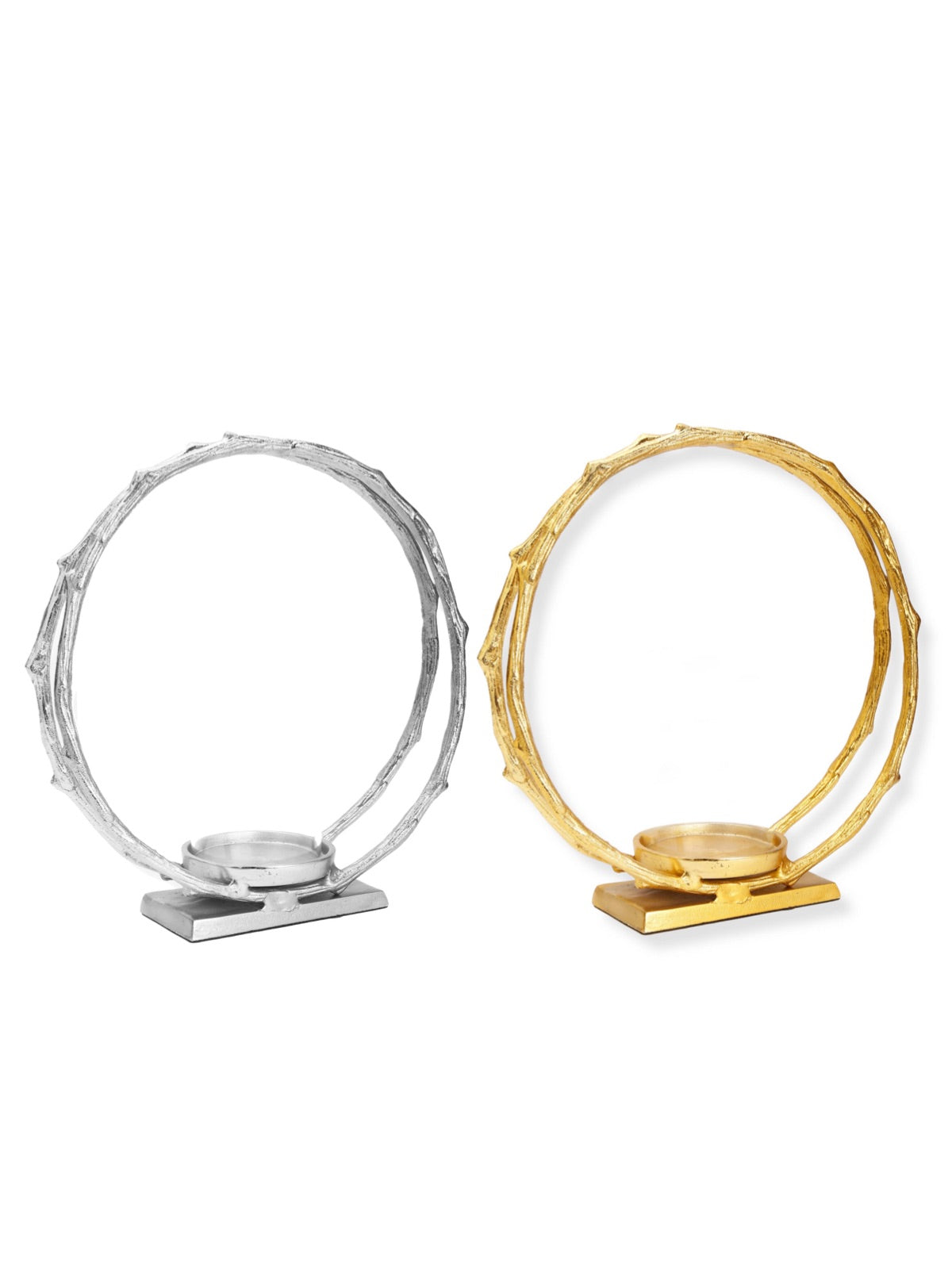 7.5 inch Round Circle Stainless Steel Hurricane Candle Holder with Double Hoop Design. Available in Gold and Silver.