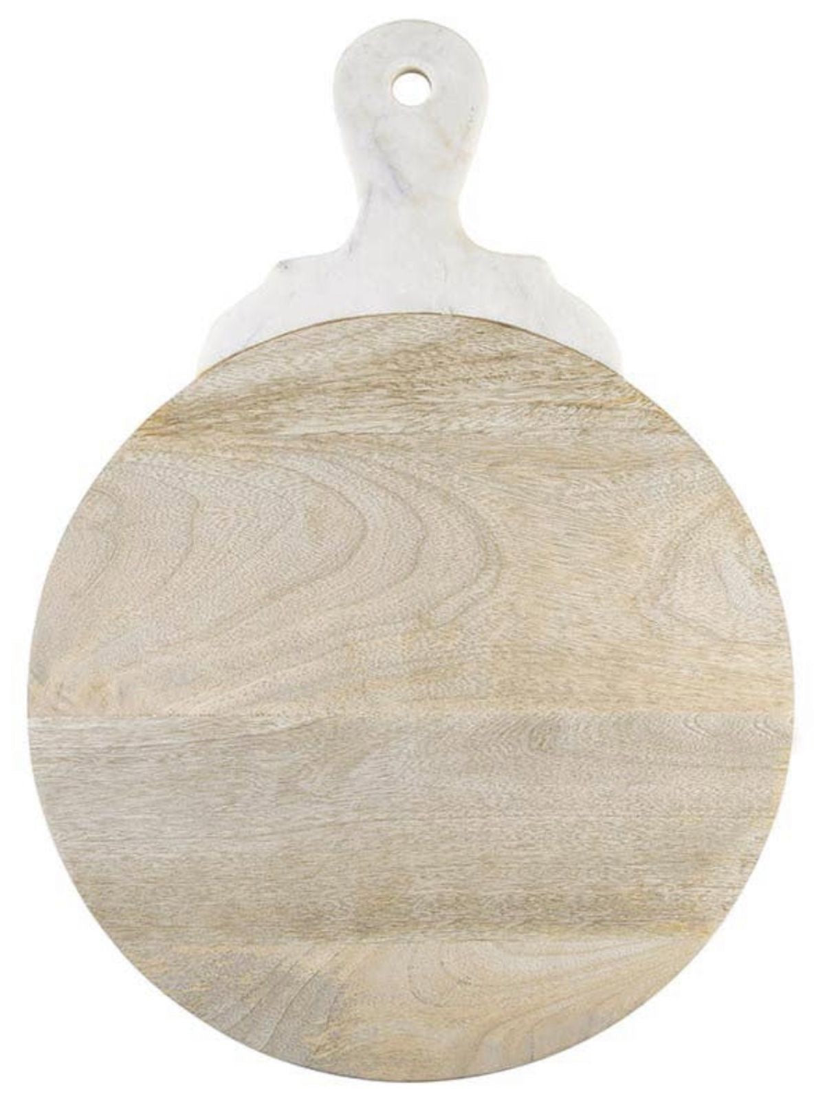 Round Wood Cheese Board with White Carved Marble Handle, 21L x 15W.