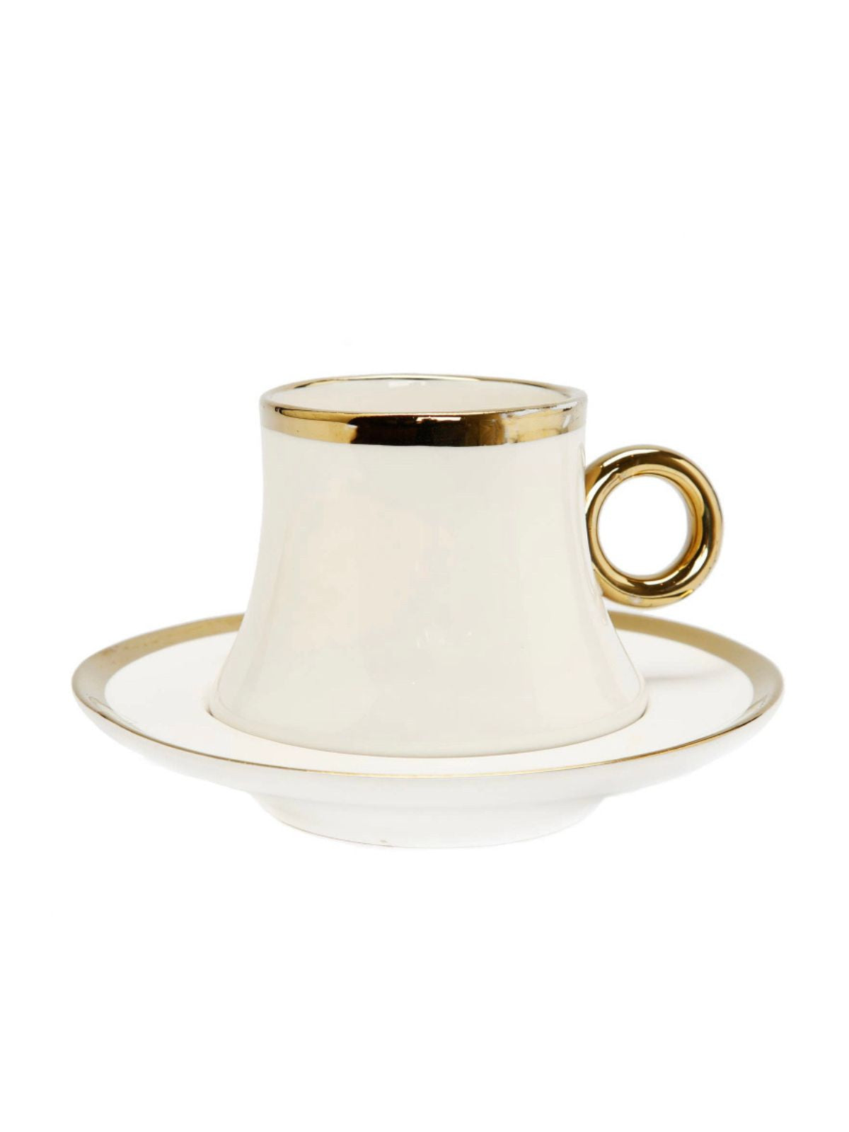 This is a gorgeous white and gold coffee mug with beautiful gold handle. This mug and saucer set is sure to become a favorite on your coffee station.