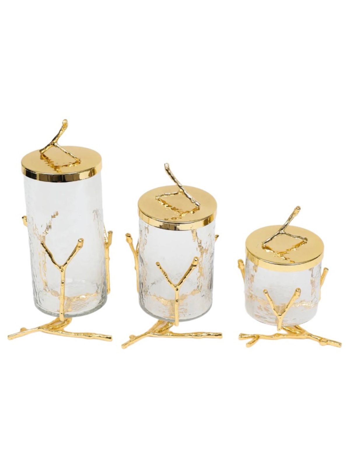 Luxury Kitchen Glass Canister With Gold Metal Branch Design Base and Lid, 3 Sizes - KYA Home Decor.