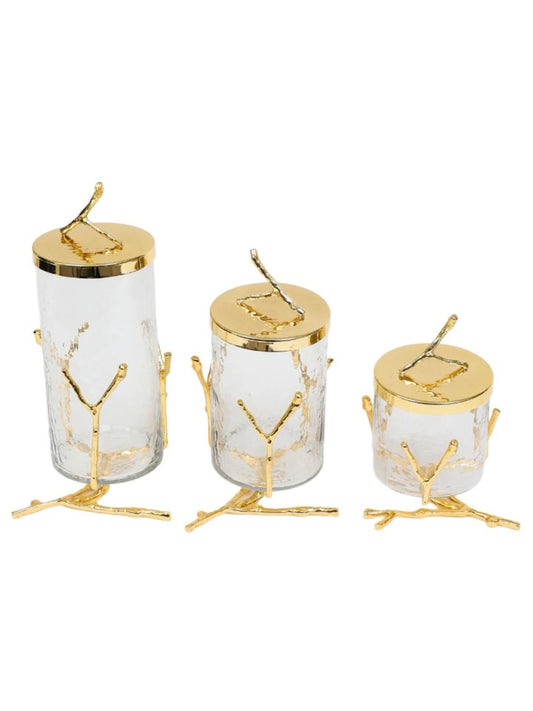 Luxury Kitchen Glass Canister With Gold Metal Branch Design Base and Lid, 3 Sizes - KYA Home Decor.