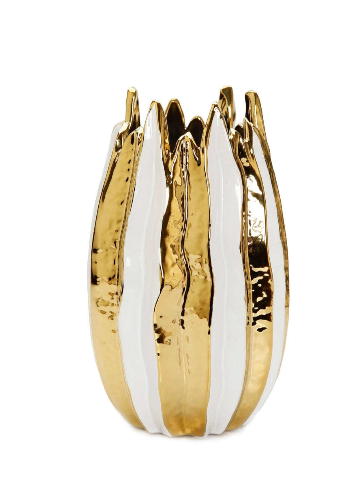 9.5H White and Gold Striped Star Fruit Shaped Ceramic Decorative Vase - KYA Home Decor