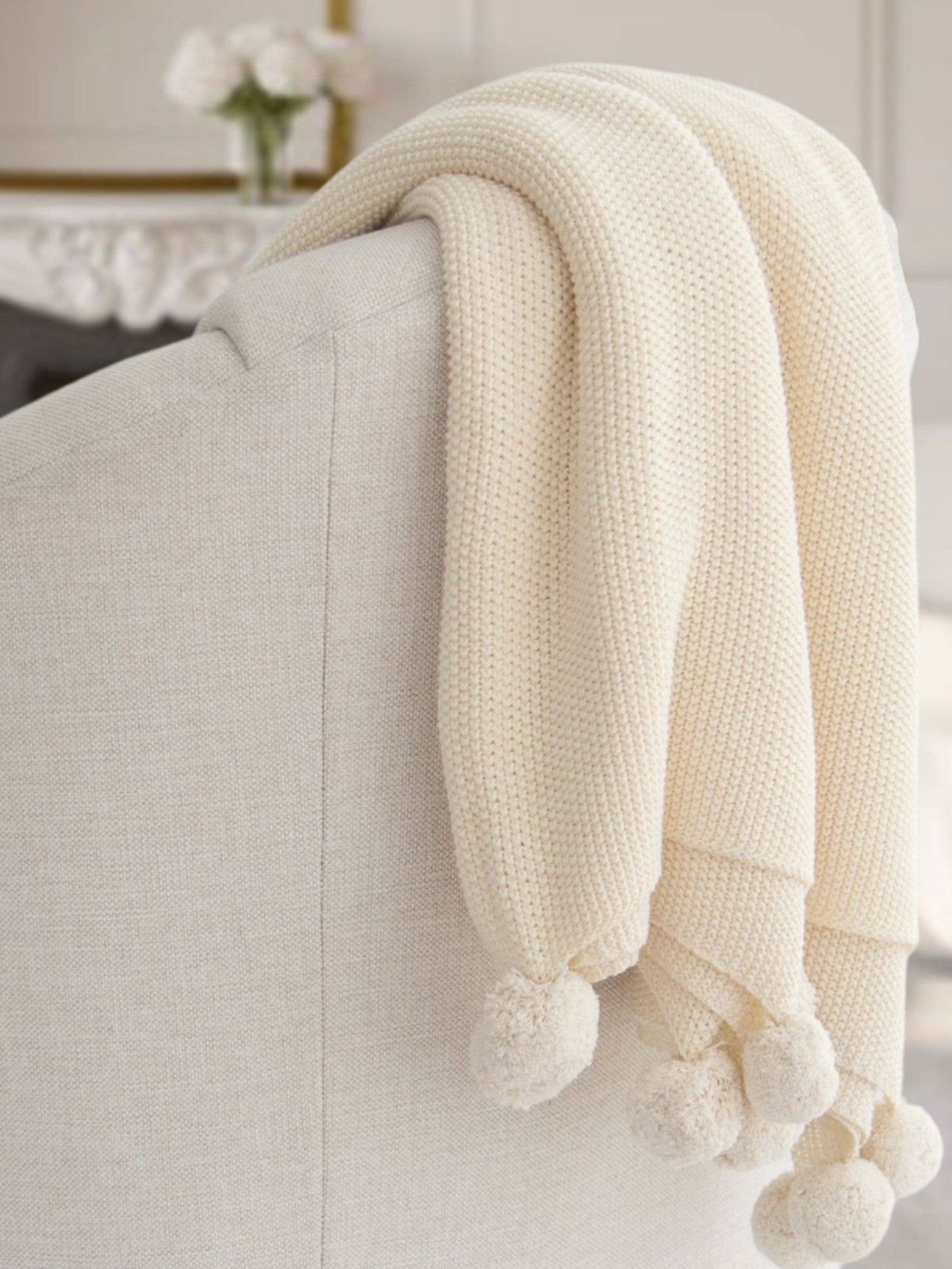 100% Cotton Seedstitch Throw Blanket with Pom Poms in Luxurious Cream Color, 50W x 60L.