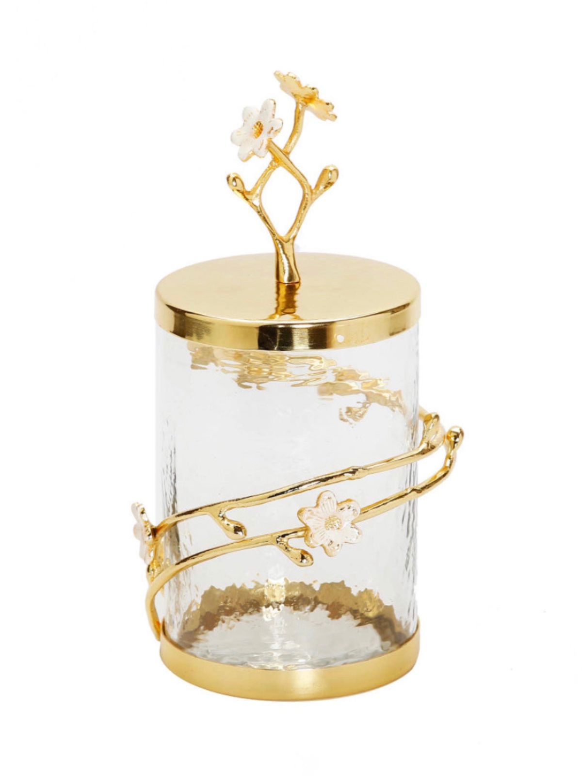 10H Luxury Glass Canister with Enamel Cherry Blossom Flower Design and Gold Lid - KYA Home Decor.