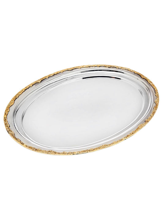 Stainless Steel Oval Serving Tray With Gold Rim Sold by KYA Home Decor.