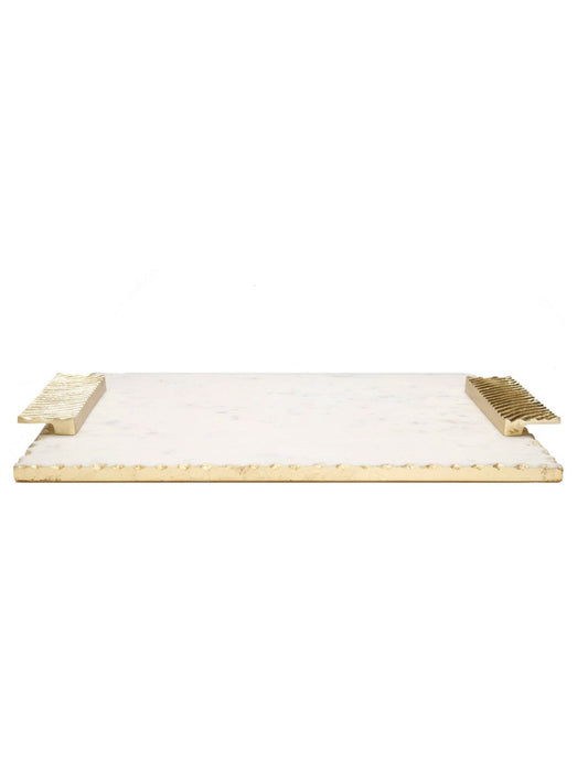 Luxurious White Marble Decorative Tray with Gold Brass Handles, 16L x 11W.