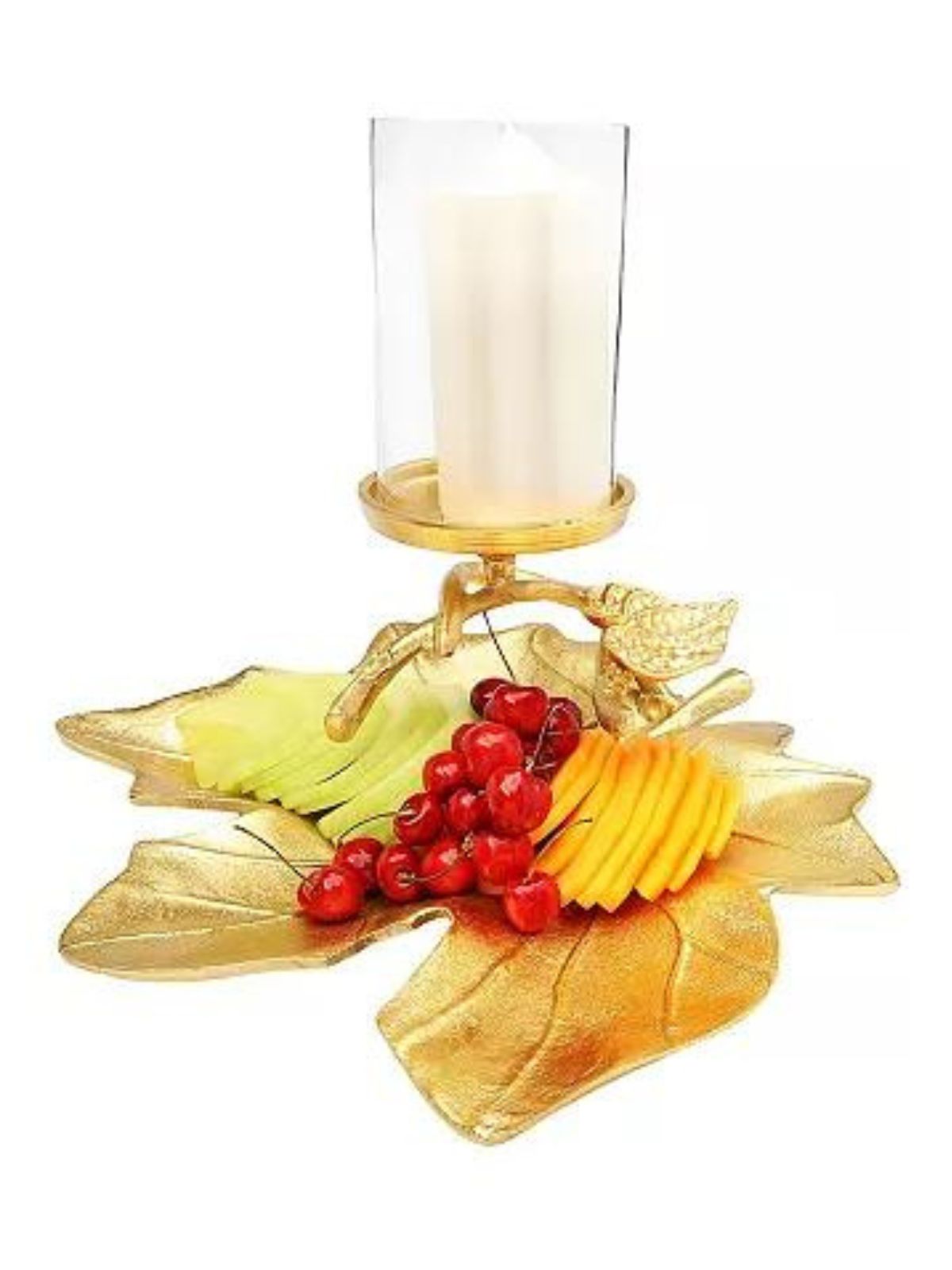 10.5H Glass Candle Holder on Stainless Steel Gold Leaf Dish. Sold by KYA Home Decor.