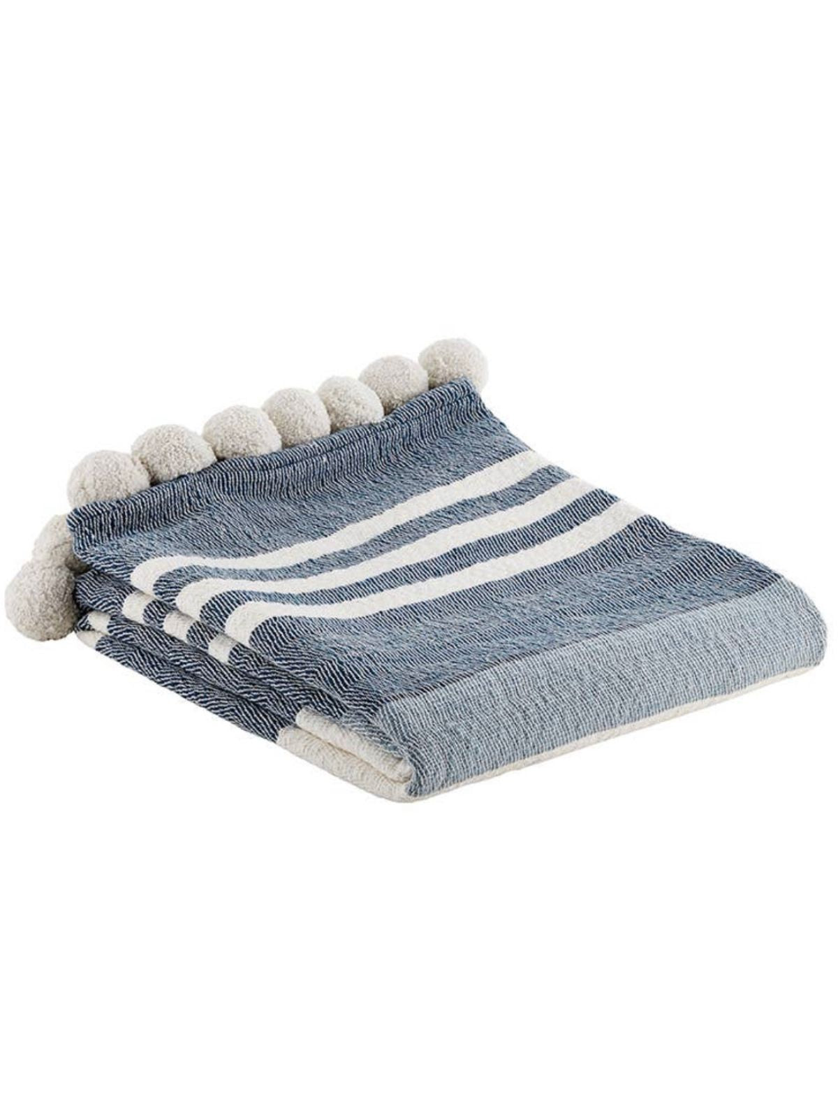 Navy Blue Stripe Slub Cotton Pom Throw Blanket , 50W x 60L.