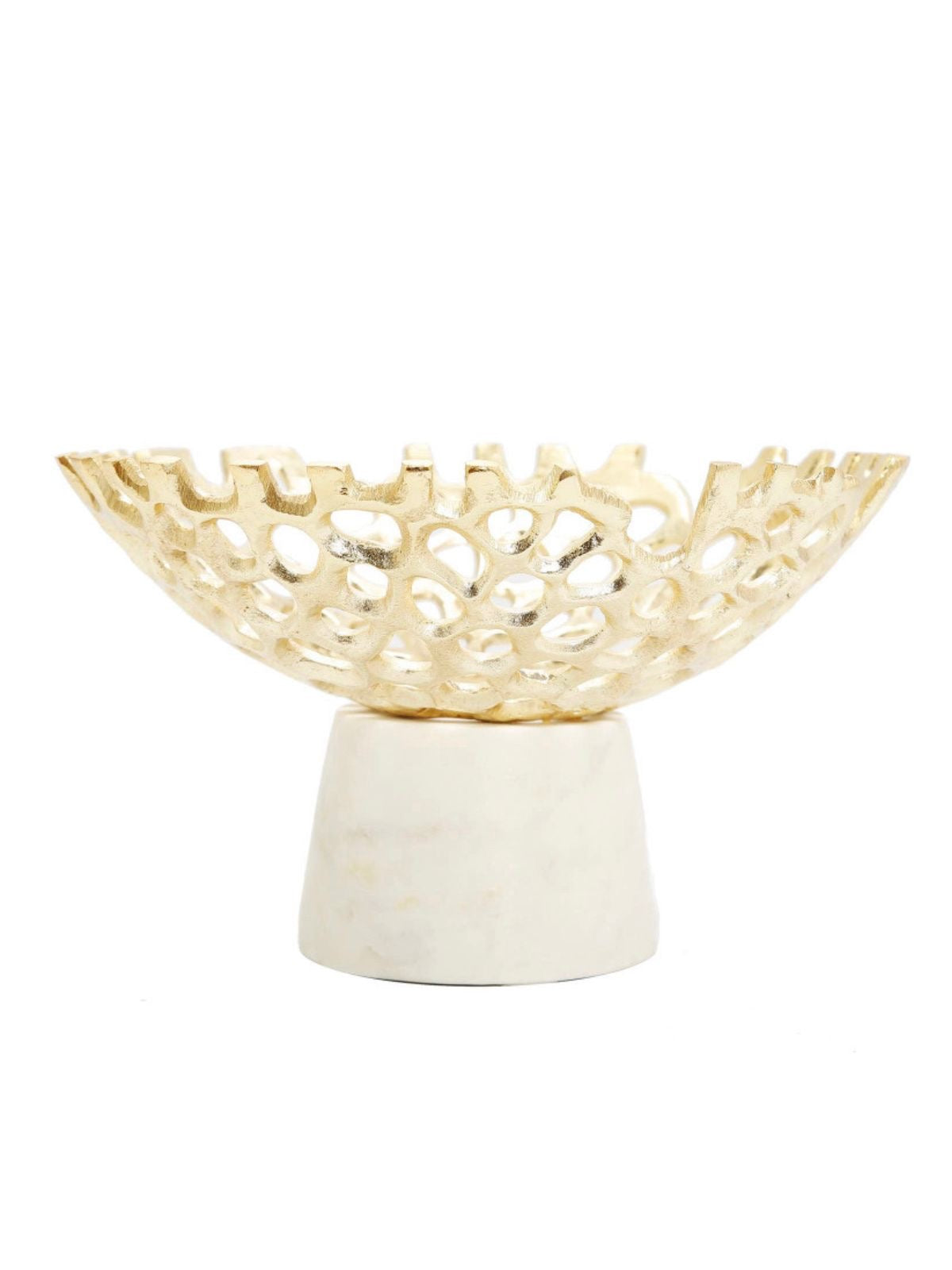 Gold Cutout Designed Bowl on White Marble Base Sold by KYA Home Decor.
