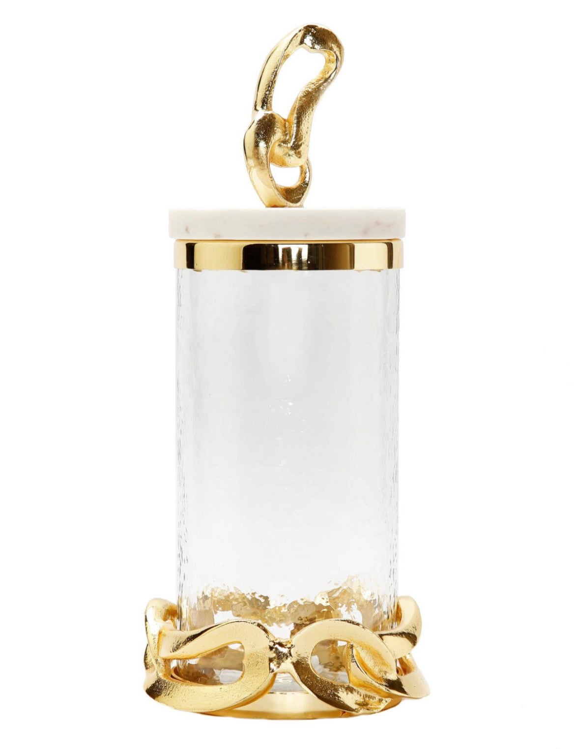 The Catena D’ Oro Glass Canisters has a beautiful gold chain design nestled at the bottom and top with a Marble Lid available in Size Large from KYA Home Decor