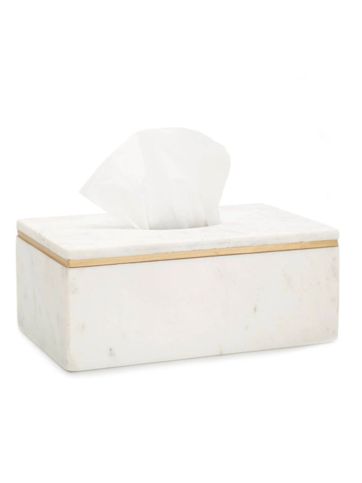 White Marble Tissue Holder With Gold Metallic Rim Design.
