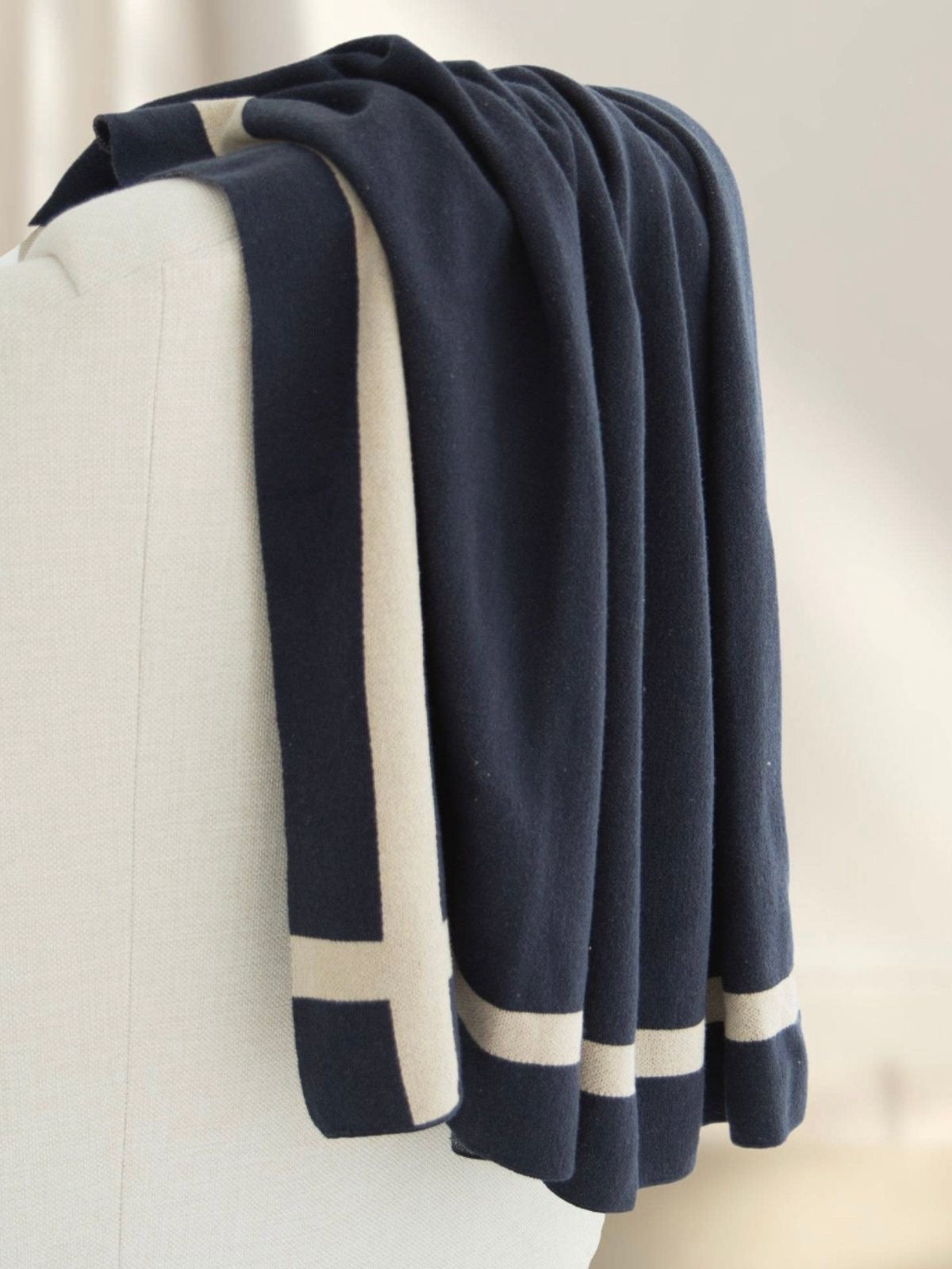 100% Cotton Equestrian Stripe Knit Decorative Throw Blanket in Luxurious Navy Blue Color.