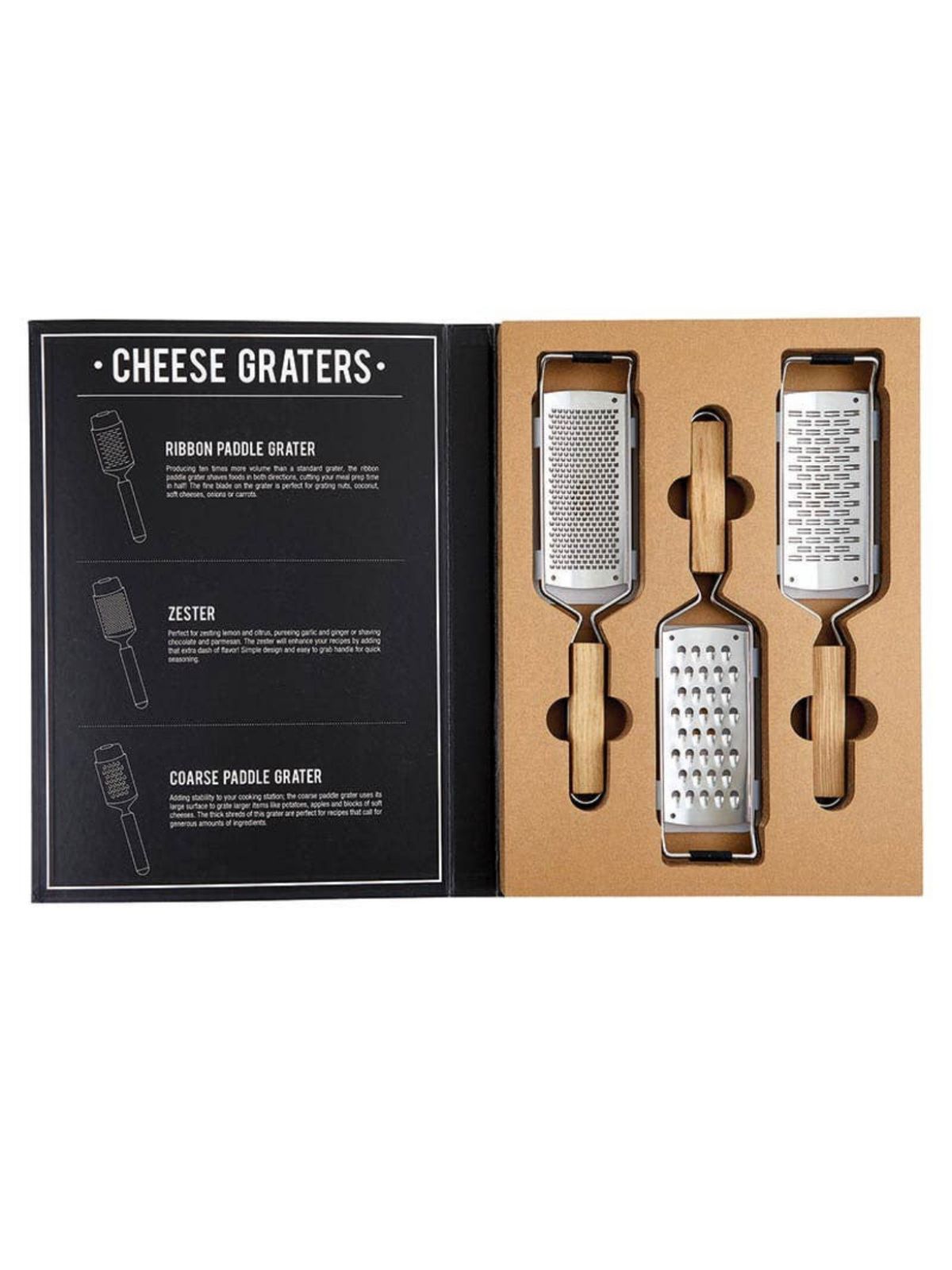 This stainless steel and oak wood grating tool collection is both functional and practical. This gift set is ideal for grating everything from firm cheese and chocolate to produce and spices available at KYA Home Decor.