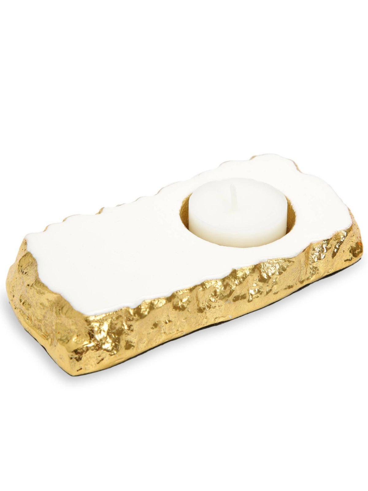 This 5.25L White Faux Marble Tea Light Holder Has Gold Edges Around The Base. Sold by KYA Home Decor