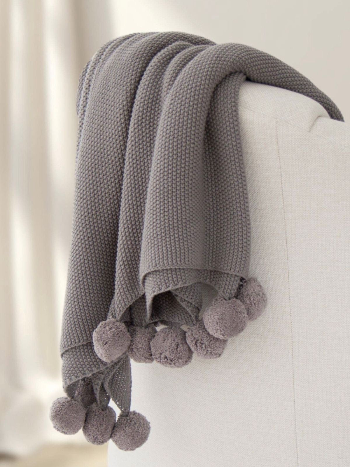 100% Cotton Seedstitch Throw Blanket with Pom Poms in Luxurious Grey Color, 50W x 60L.