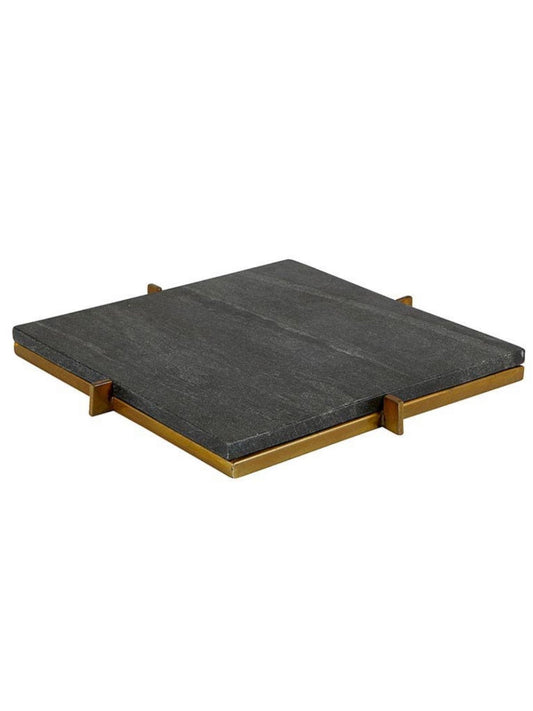 11 inch Squared Black Marble Serving Tray with Luxury Gold Metal Stand.