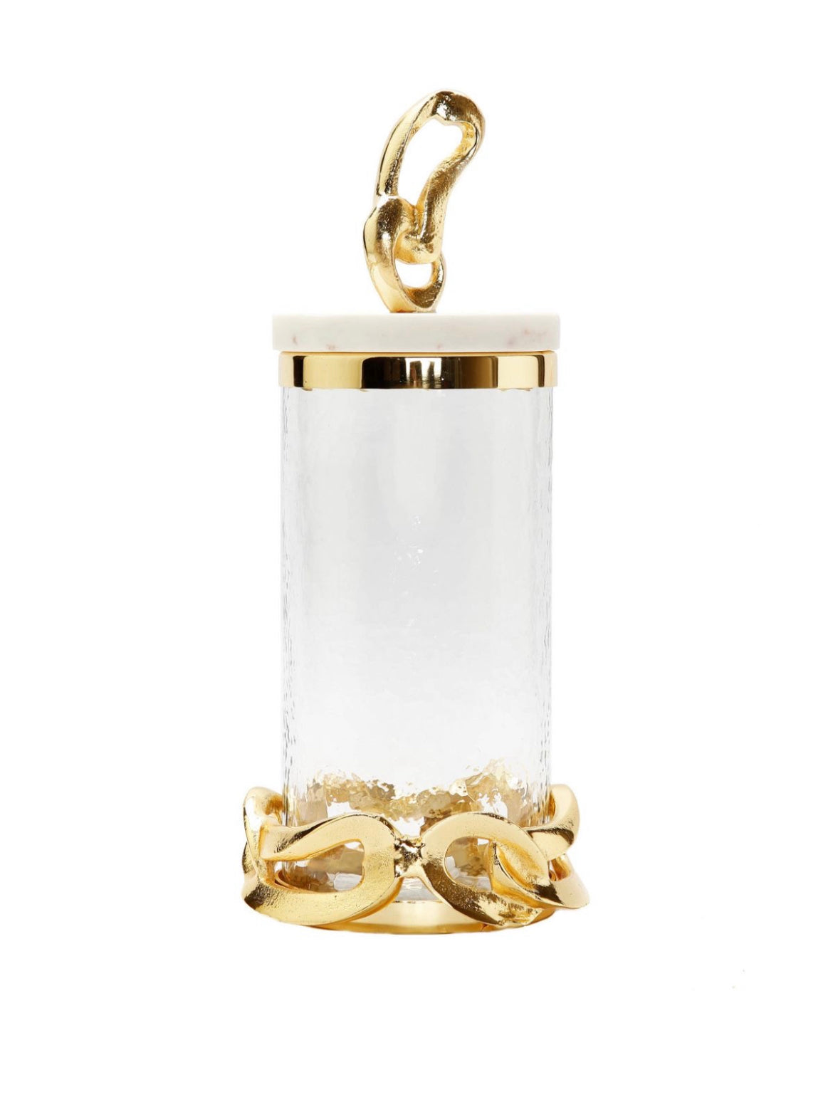The Catena D’ Oro Glass Canisters has a beautiful gold chain design nestled at the bottom and top with a Marble Lid available in Size Medium from KYA Home Decor