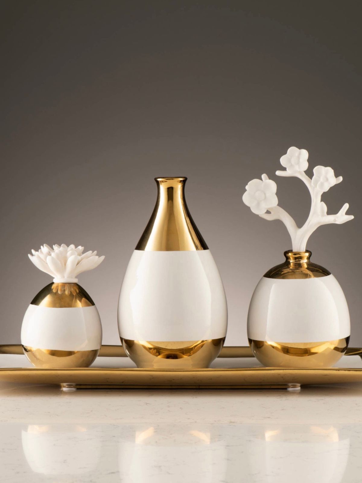 White Rectangular Decorative Tray With Luxury Gold Edges, Collection Sold by KYA Home Decor.