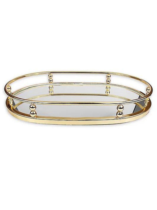 Oval Decorative mirror tray with stainless steel gold frame on golden ball mounts, 14 inch.