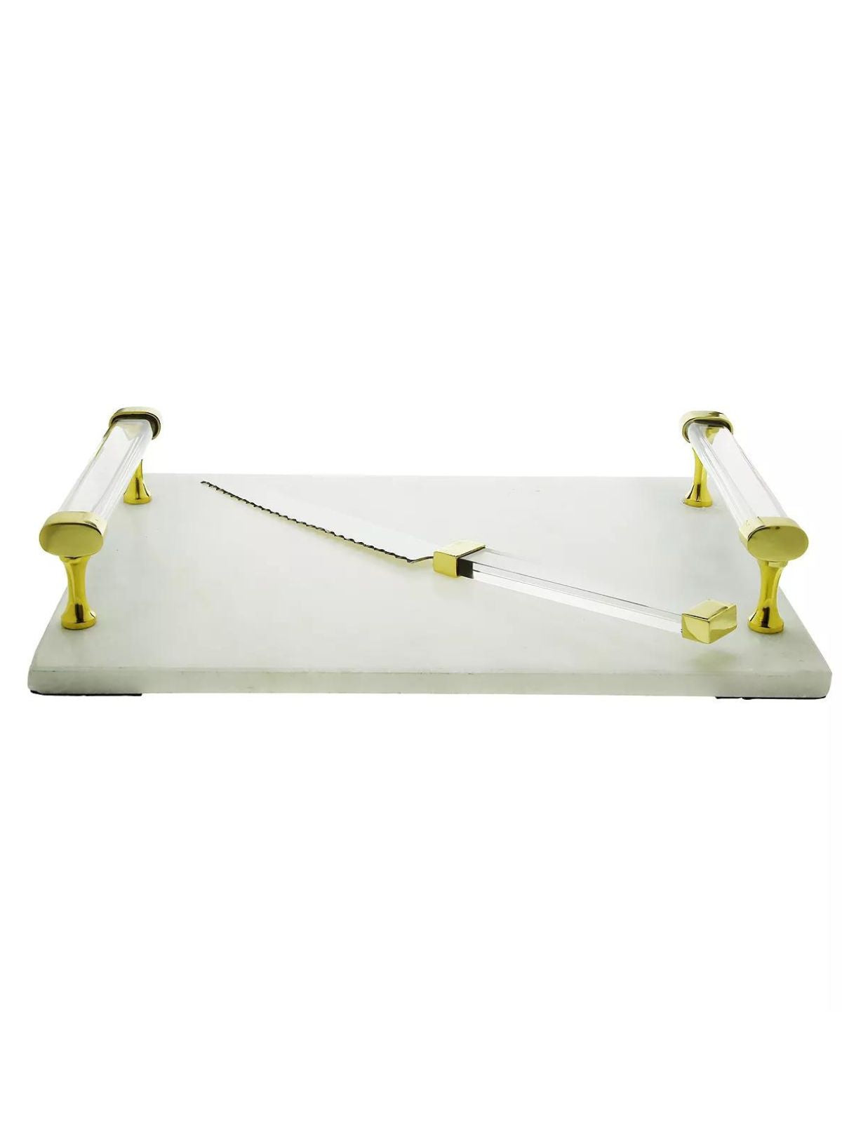 Luxury White Marble Serving Tray with Acrylic Handles and Knife Set, 16L x 11W.