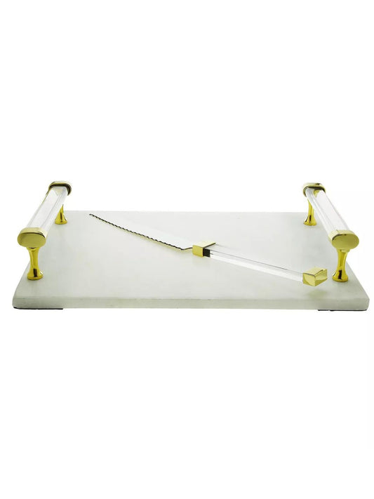 Luxury White Marble Serving Tray with Acrylic Handles and Knife Set, 16L x 11W.