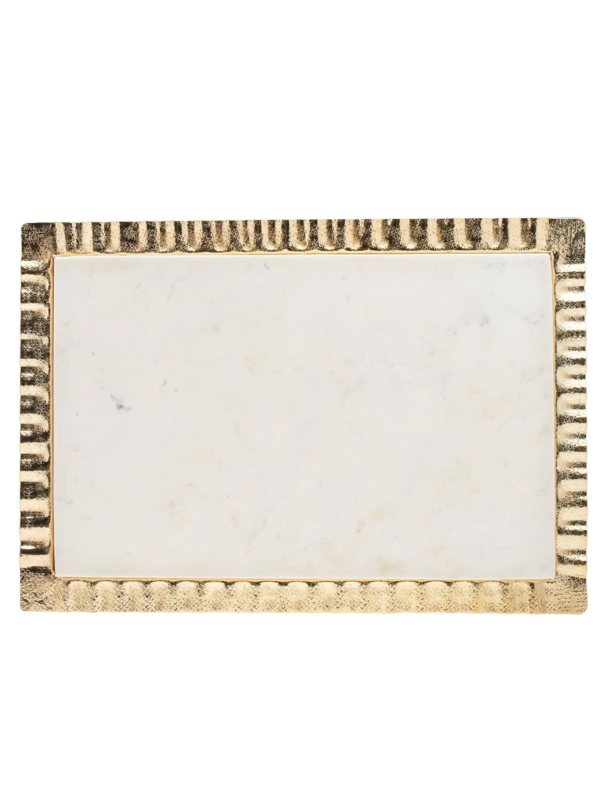16L x 12W Luxurious White Marble Tray with Stainless Steel Gold Ripple Edges.