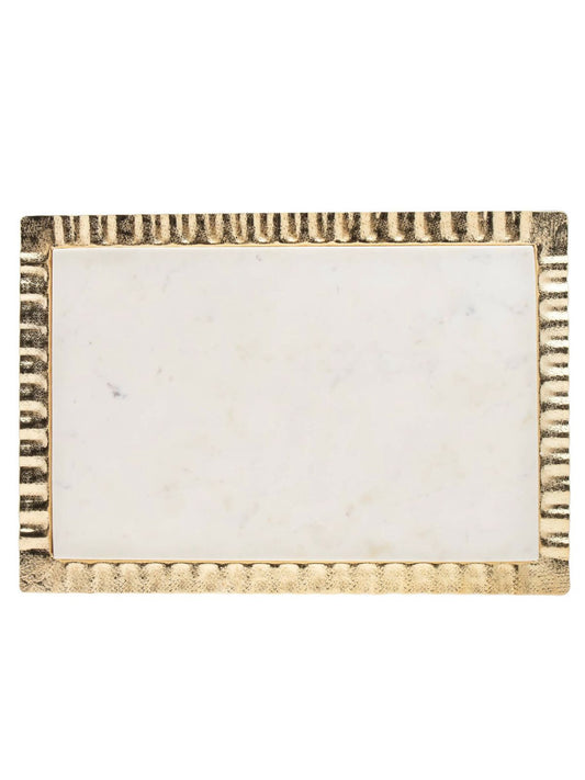 16L x 12W Luxurious White Marble Tray with Stainless Steel Gold Ripple Edges.