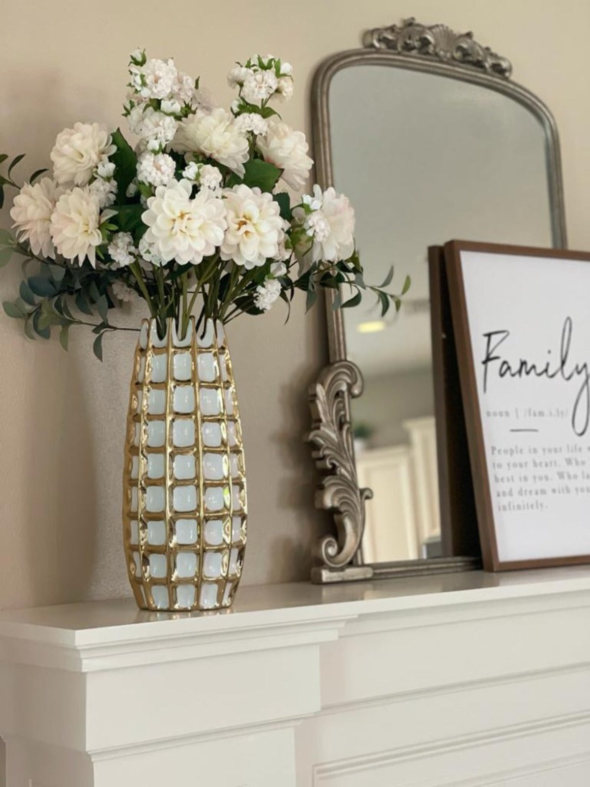 Luxury White Ceramic Decorative Vase With Gold Square Pattern on fire place - KYA Home Decor