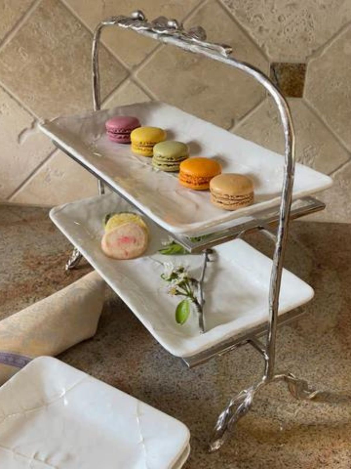 Olive Branch Designed Buffet Stand with Rectangular Trays Sold by KYA Home Decor.