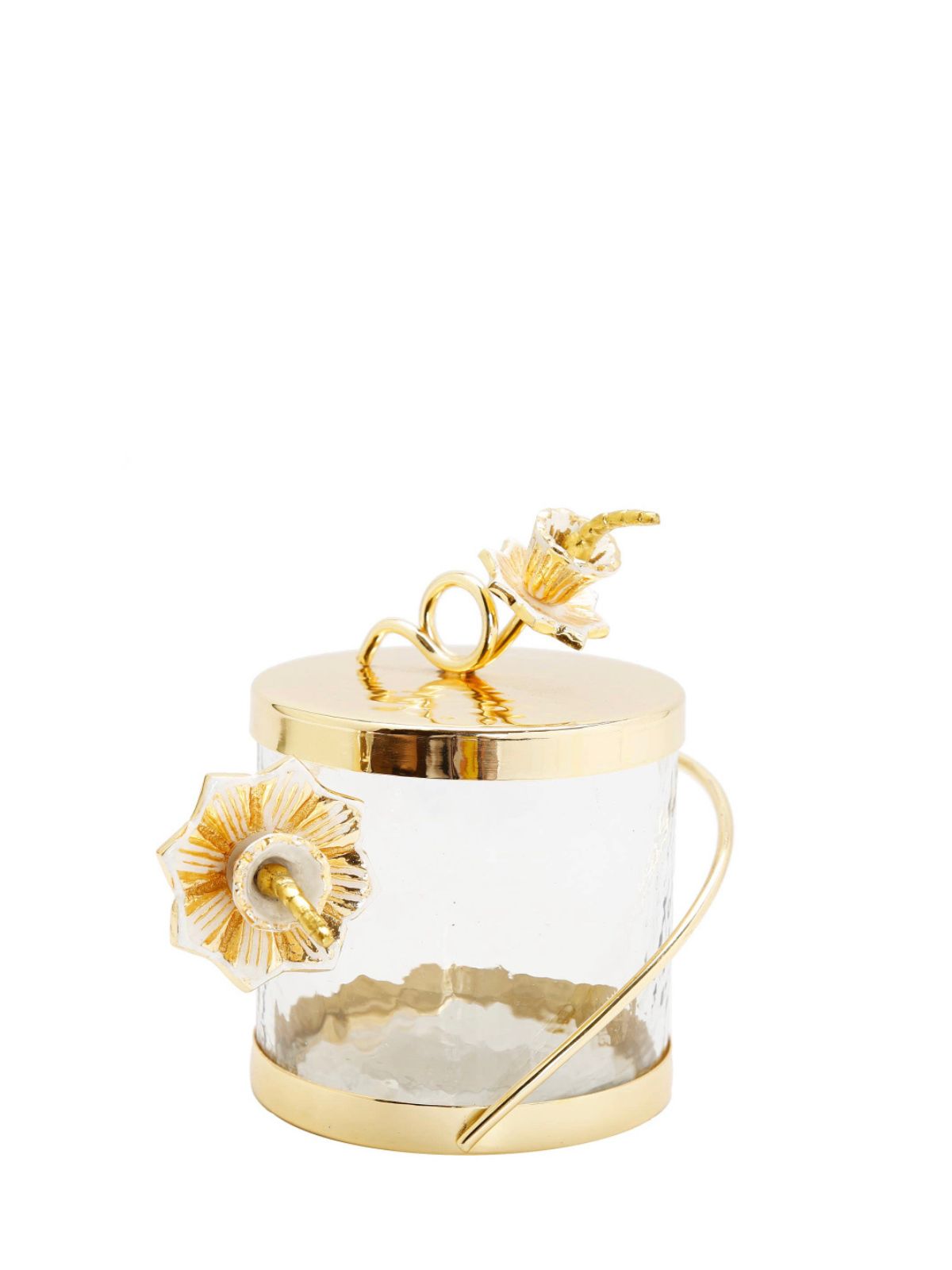 The Rose of Sharon Glass Canister with Gold Lid and Enamel Flower Design on Knob has an elegant and decorous design.