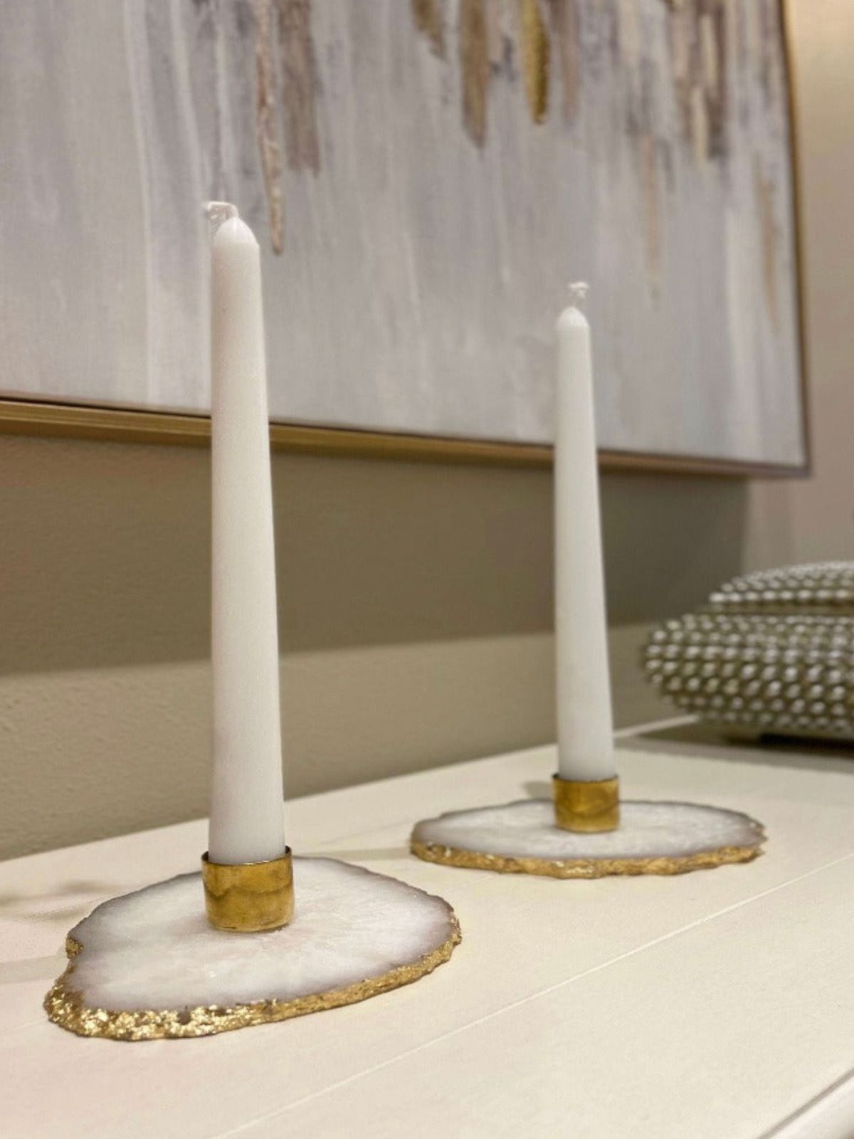 4 inch Agate Stone Taper Candle Holder with Gold Brass Cup and Brass Edges, Sold by KYA Home Decor.