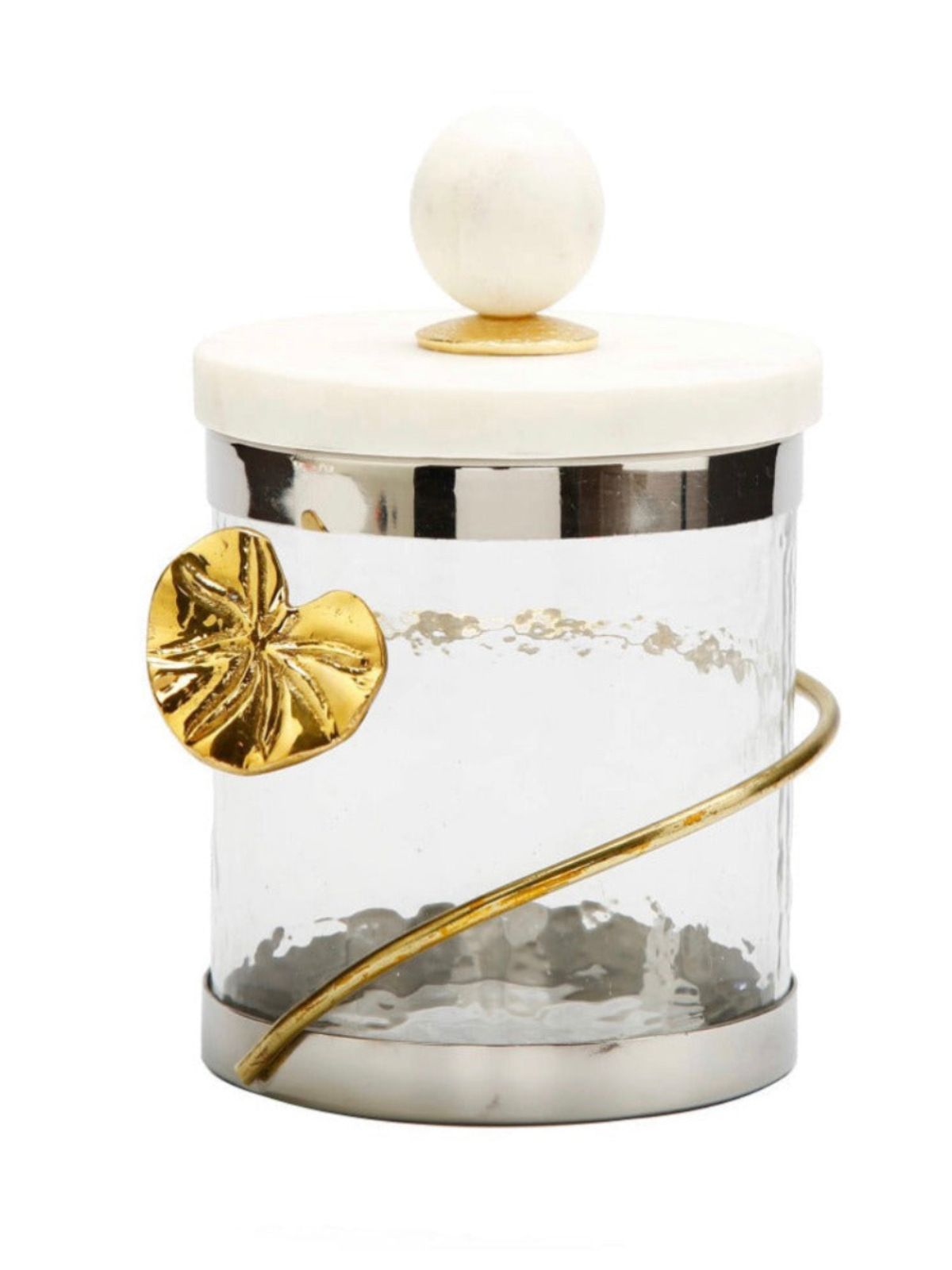 These Glass Canister with Gold Metal Heart Design and Marble Lid are available in 3 sizes and Sold by KYA Home Decor
