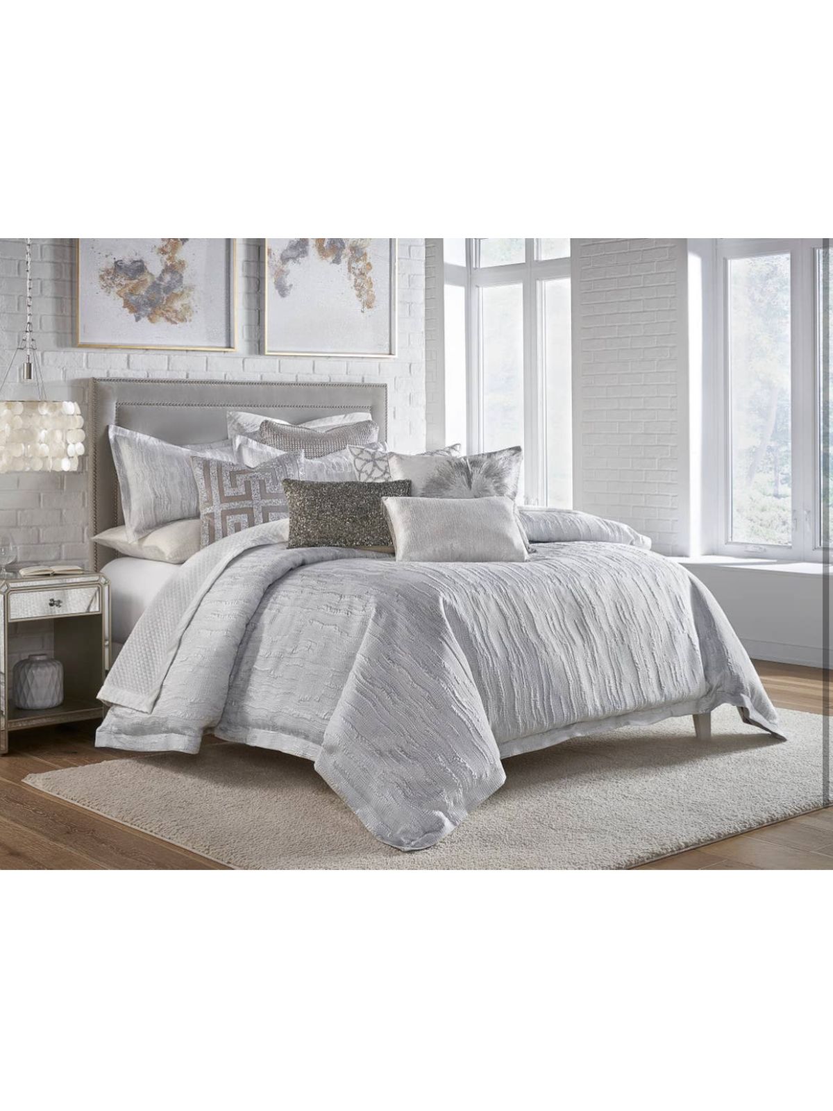 Grey Duvet Set with Silver Metallic Design and Matching Shams, Available in Queen and King Sizes.