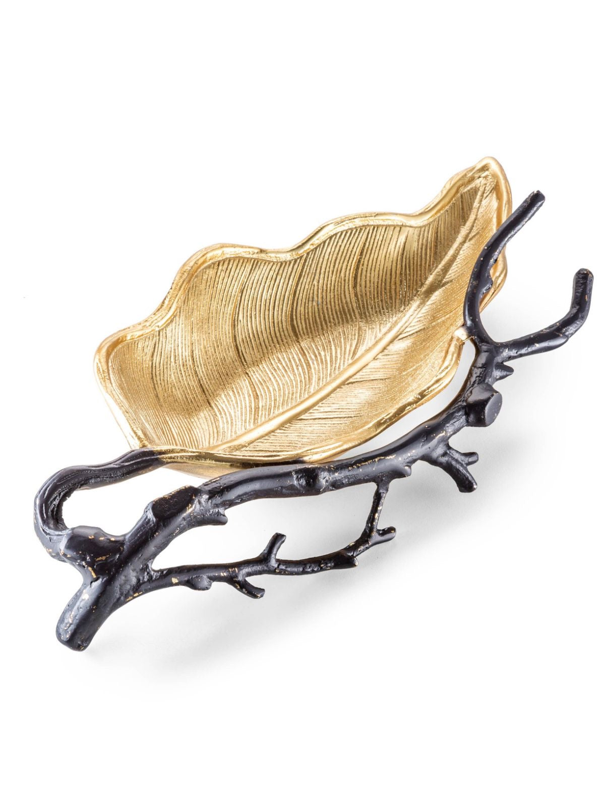 15.75 inch Stainless Steel Gold Leaf Dish With Black Branch Base.