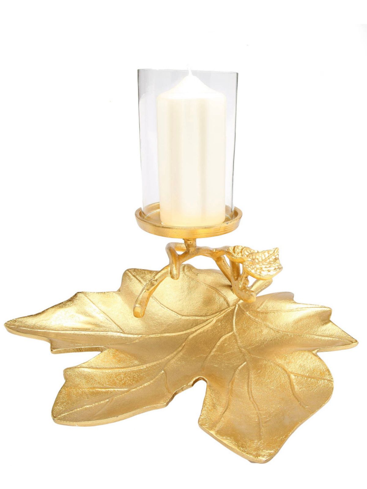 10.5H Glass Candle Holder on Stainless Steel Gold Leaf Dish. Sold by KYA Home Decor.