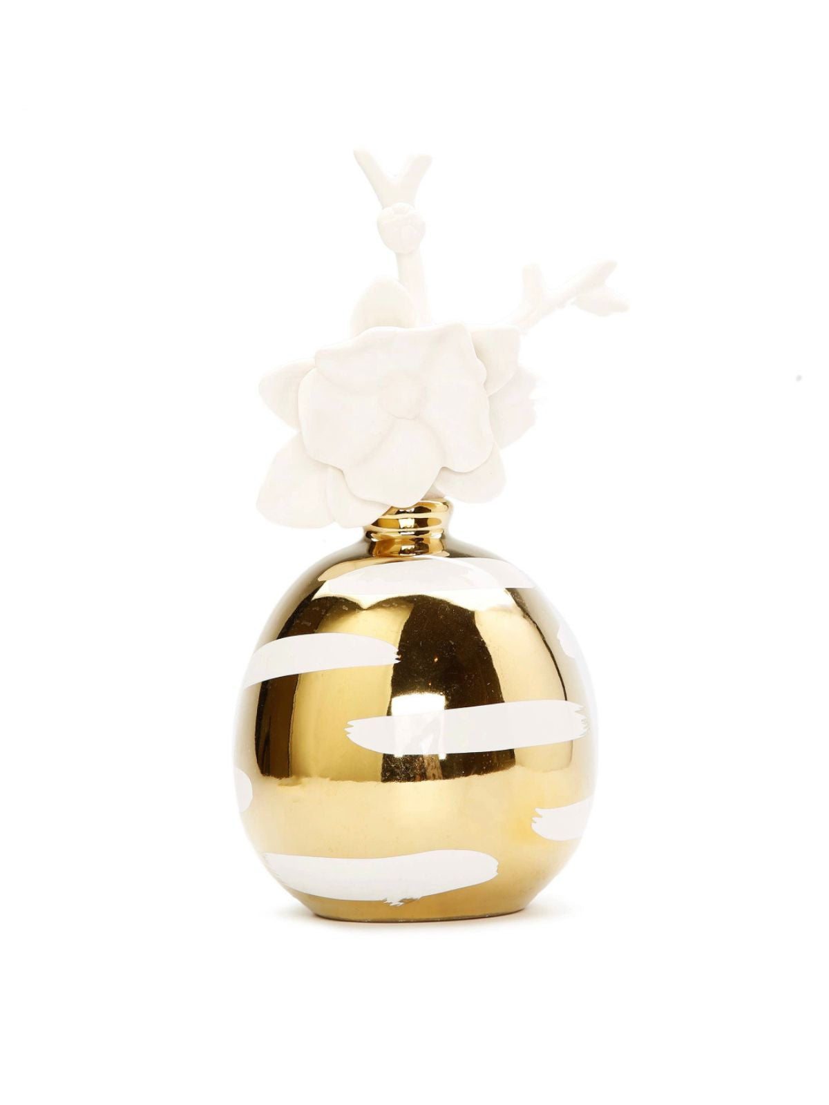 English Pears and Freesia Scented Gold Ceramic Oil Diffuser With White Brush Design and White Flower Top.