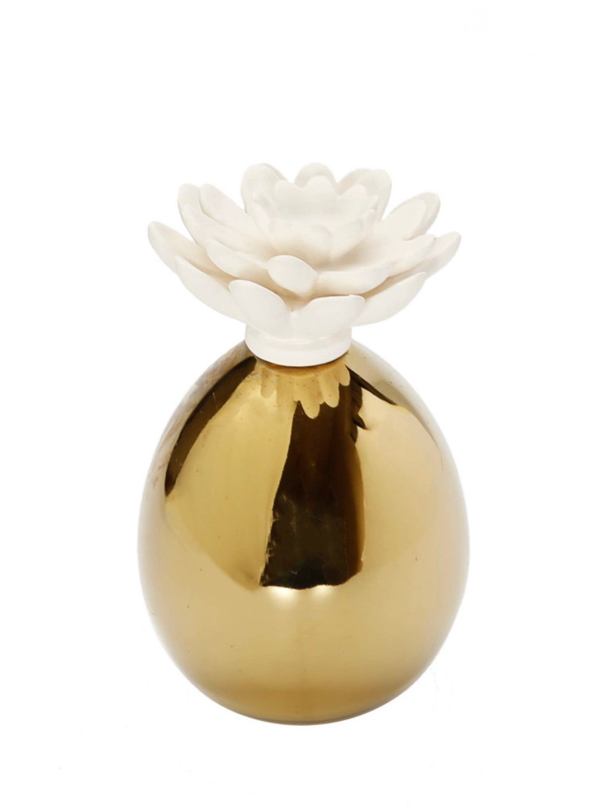 Polished Gold Oil Diffuser with White Floral Topper And Lily of the Valley Scent.