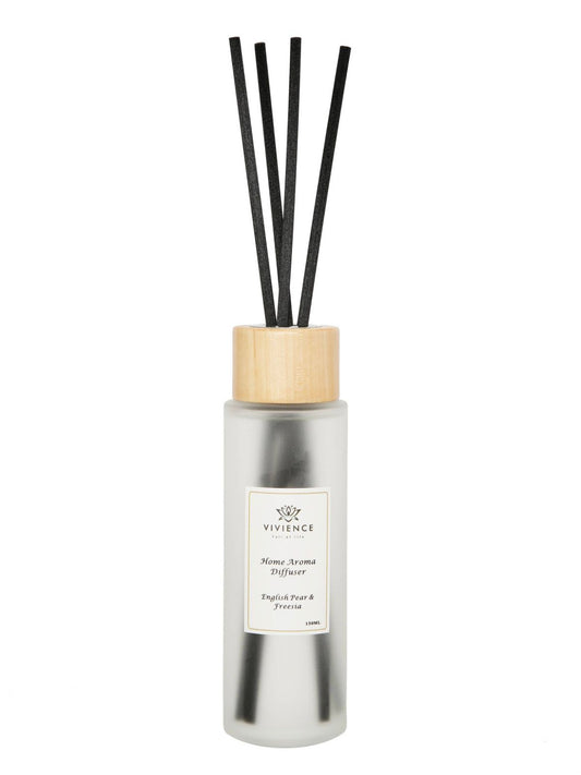 English Pear and Freesia Scent Reed Diffuser in White and Gold Bottle.