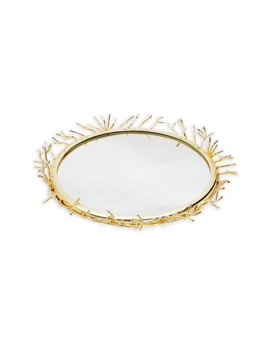 Round Decorative Mirror Tray with Stainless Steel Gold Twigs Design, 13D.