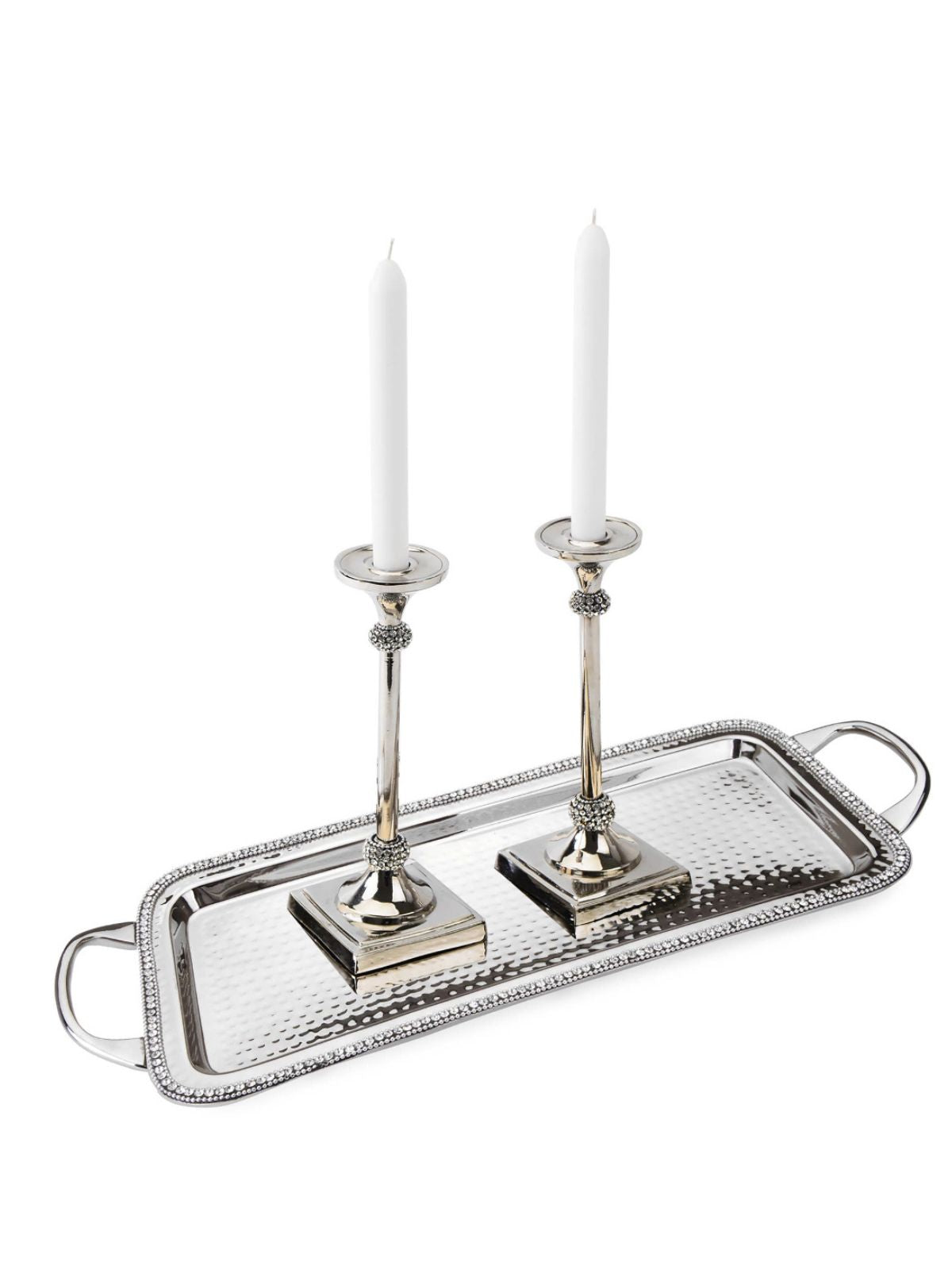 Hammered Stainless Steel Candlestick Holders With Sparkling Diamond Stones, Available in 2 Sizes.