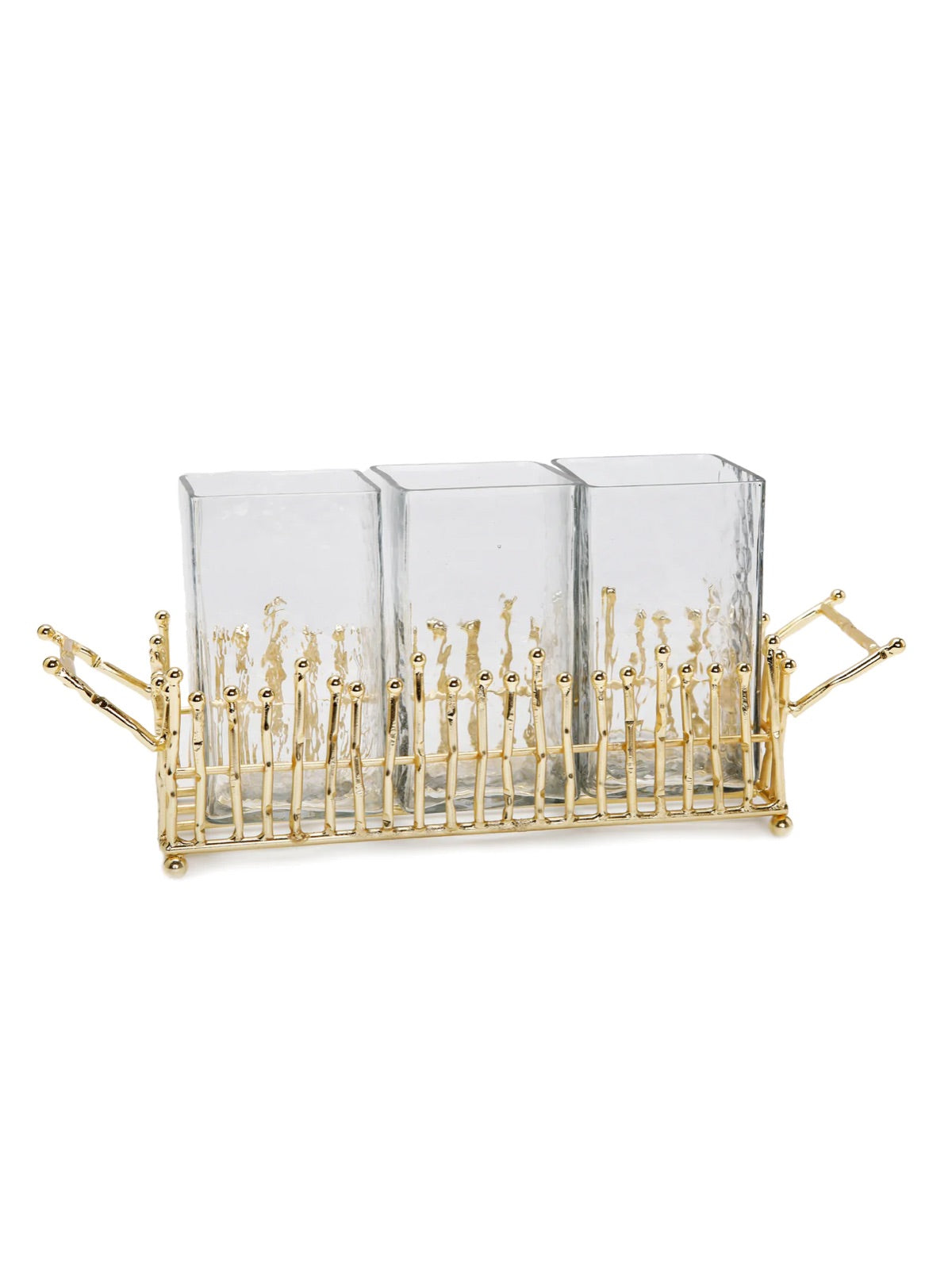 This silverware holder features a gold linear base which ties back to our popular tray set and canister set. Such a cute way to display silverware, or even restroom essentials.